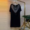 Fashion Elegant New Summer Women's Round Neck with Diamond Inlay Simple and Versatile Short Sleeved Loose Mid Length Dress