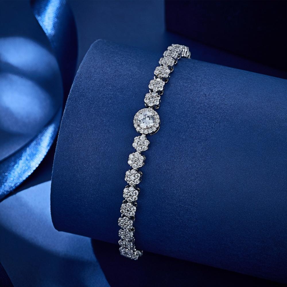 White Round Flower Zircon Rhodium Fashion Jewelry Flora Bracelets
