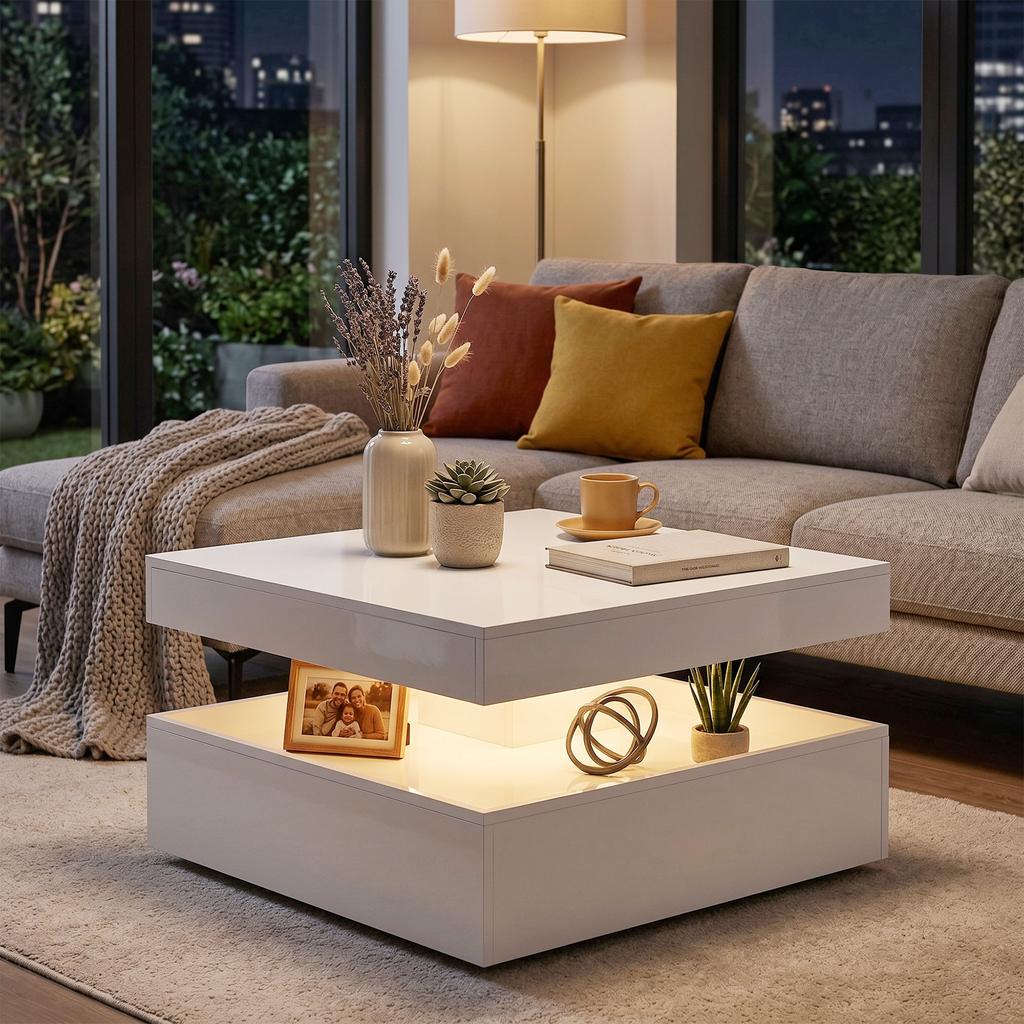 LED Coffee Table with Storage, 2-Tier Modern Centre Table with Open Shelf and Remote for Living Room, High Gloss White