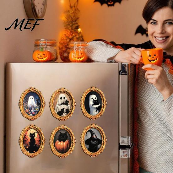 Spooky Refrigerator Magnets 1/6Pcs Halloween Retro Frame Magnet, Wooden Fridge Magnet Kitchen Decorations Decoration, Memo Note Holder for Holiday