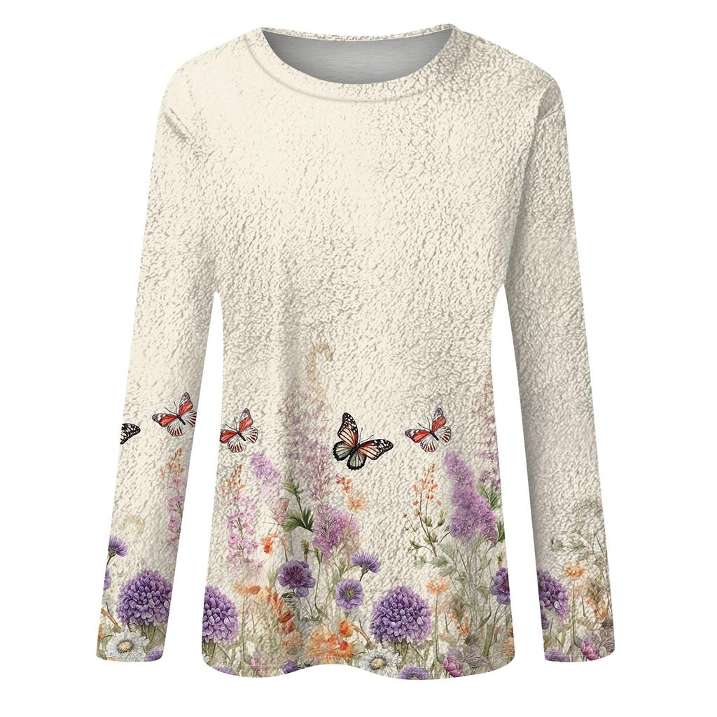Женская модная повседневная фланелевая футболка с длинным рукавом и круглым вырезом с принтом