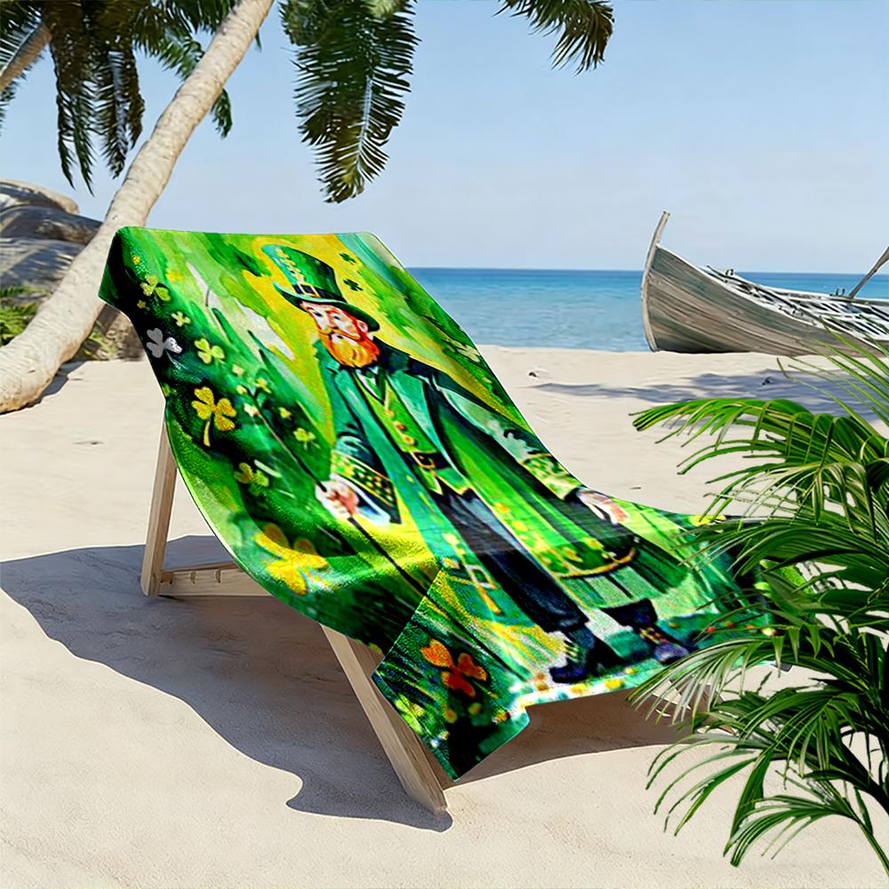 Leprechaun with Green Clover Background Beach towel quick-drying for travel outdoor sports jogging beach and swimming