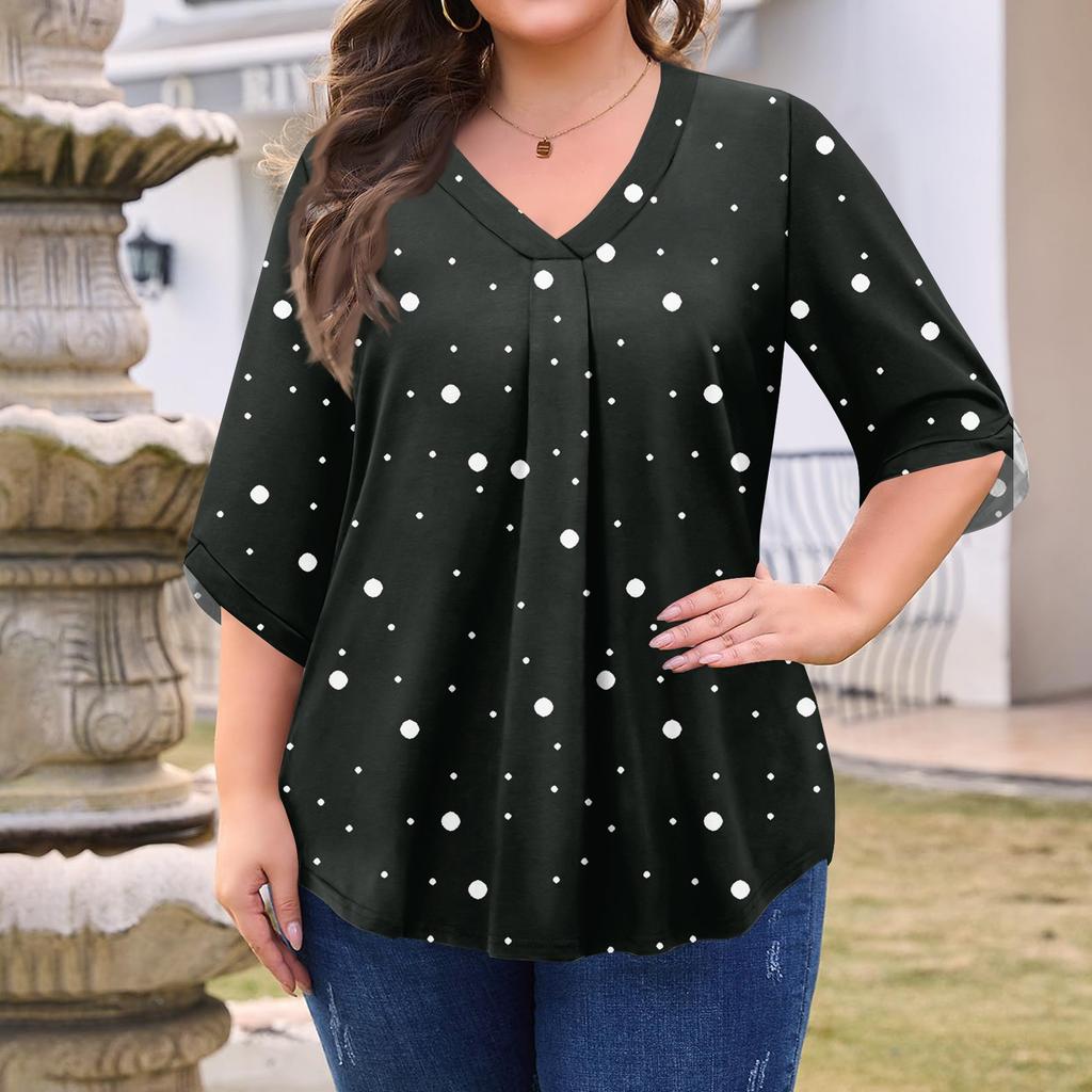 Women's Fashion Large Size Print V-Neck Three-quarter Sleeve Top