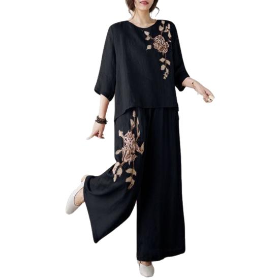 Женские костюмы-двойки с рукавом 3/4, винтажные вышитые рубашки, комплект брюк с широкими штанинами, летний повседневный комплект из хлопка и льна