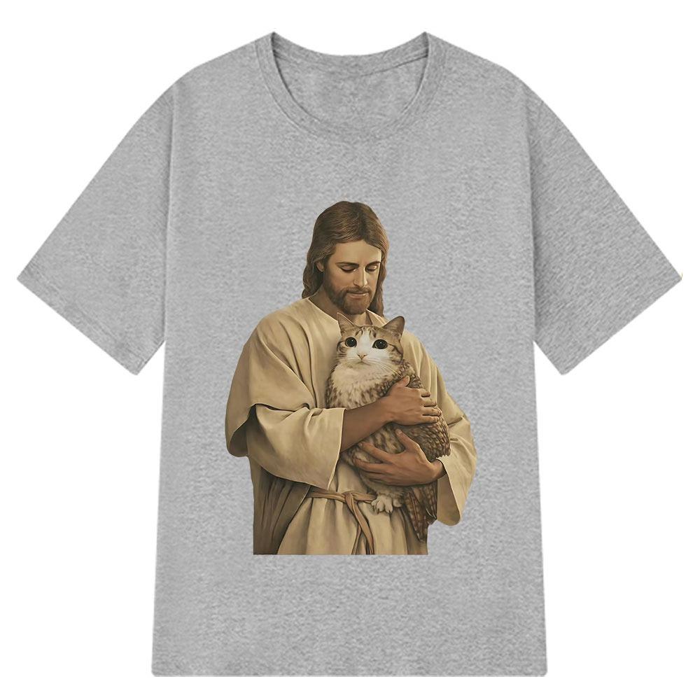 Funny Jesus Holding Meowl Funny Cat Meme T Shirt Unisex Unisex Harajuku Vintage Tshirt Shortsleeved Loose Cotton Hiphop Tshirts