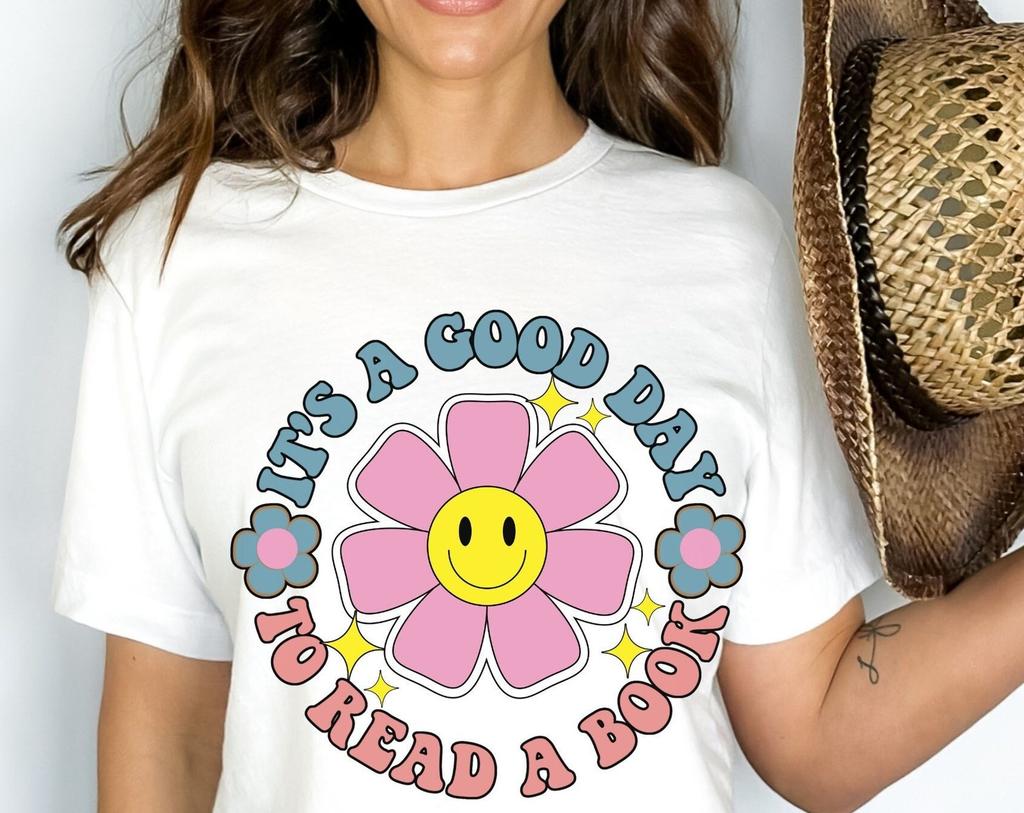 Boho Reader T-Shirt, Happy Face Flower, Retro Book Lover Tee