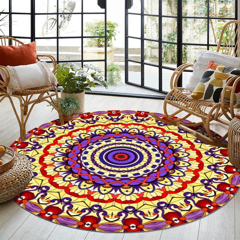 Boho Round Carpet Geometric Flower Design Anti-slip Floor Mat Ethnic Style Artistic Home Decor Rug for Living Room Lounge Office
