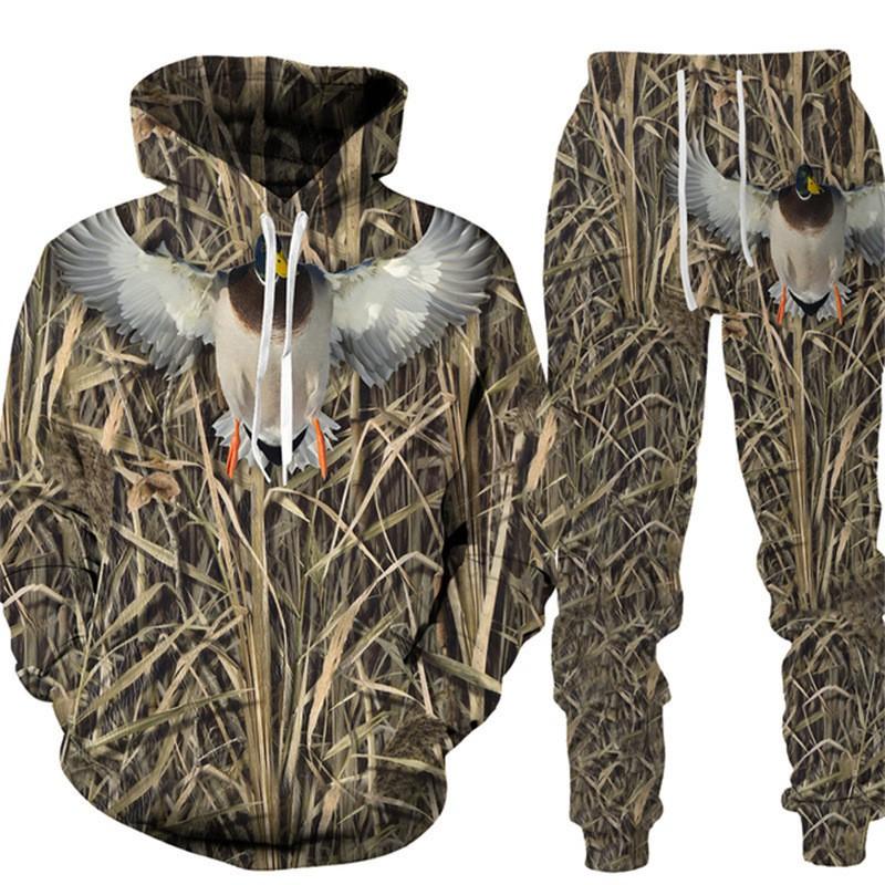 Mens Casual Hooded Tracksuit Set 3D Camo Boar Print Long Sleeve Top Pants Winter
