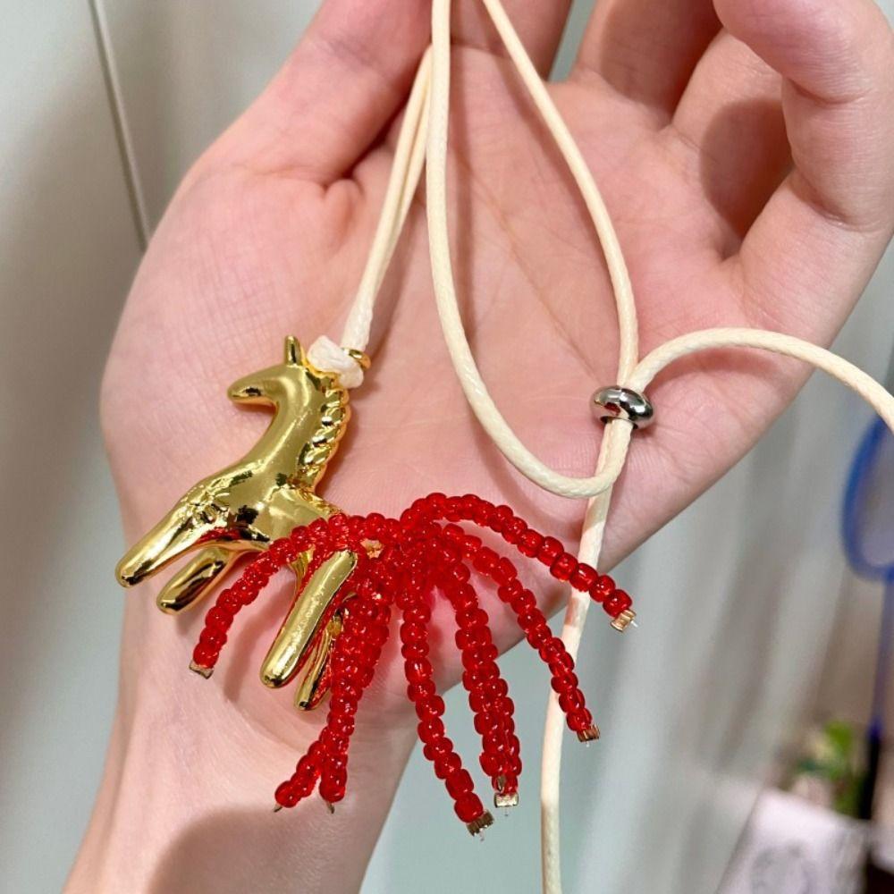 Sweater Chain Wax Rope Necklace Long PU Leather Necklace Pony Pendant Necklace  Horse Year Gift