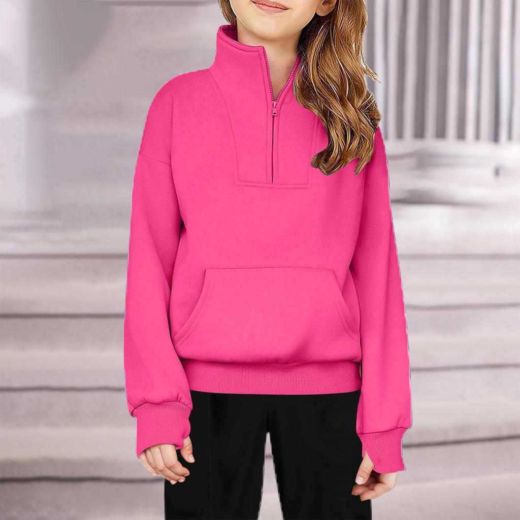 Children's Half-Zip Fleece Pullover Sweatshirt For Girls - Solid Color Hoodie
