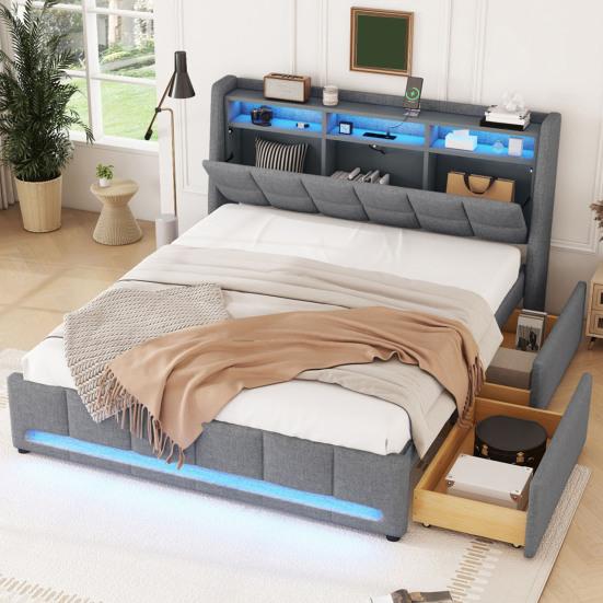 Upholstered Bed, 140 x 200cm, No Mattress, App-Controlled LED Light, Bed with Drawers Featuring Power Outlets and USB Ports, Built-In Storage