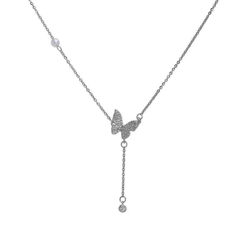 Shiny Crystal Butterfly Pendant Necklace Zircon Exquisite Pearl Clavicle Chain Necklace For Women Wedding Party Jewelry Gifts