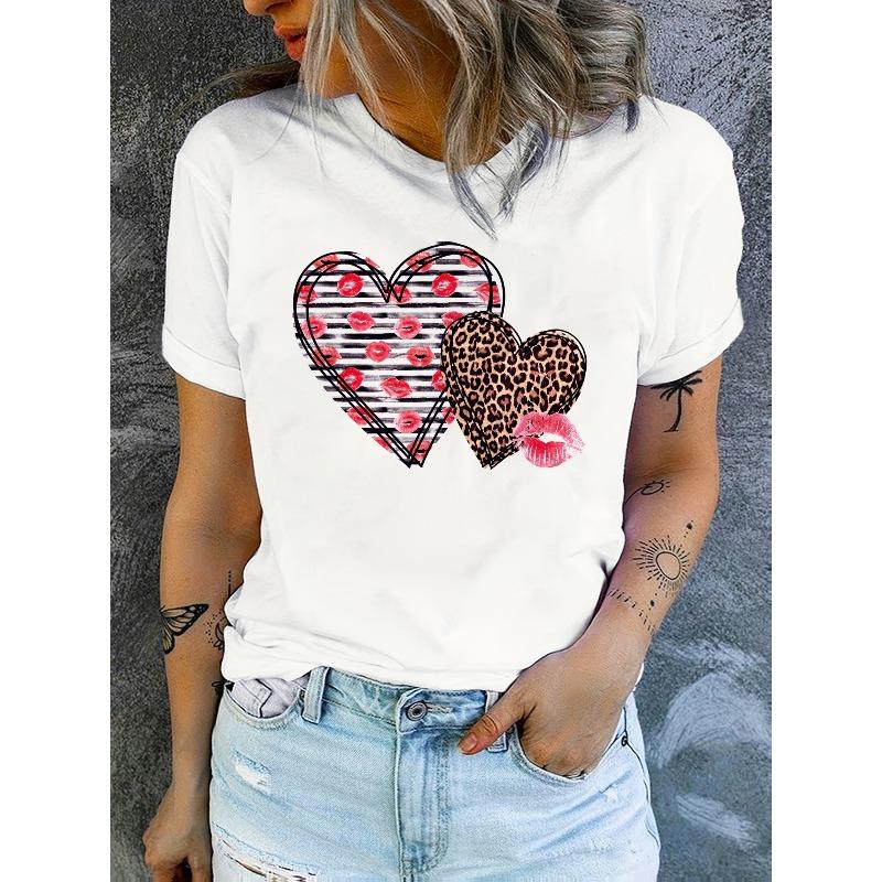European Size Women's Romantic Heart & Lips Print Round Neck T-Shirt - Semi-Sheer Blouse with Color-Blocking, Short Sleeve Casual Top