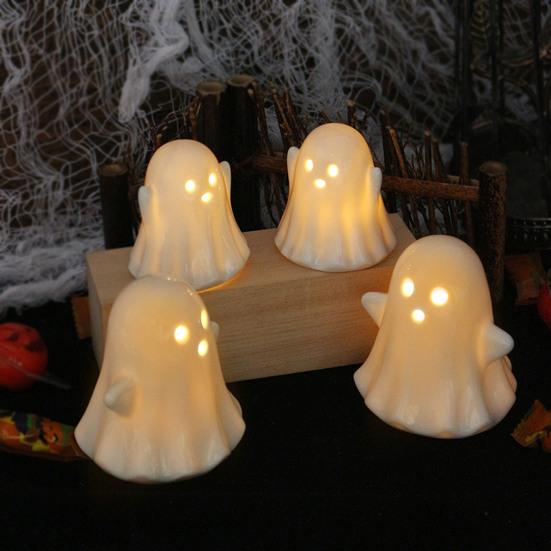 2 Pcs Ceramic Ghost Figurine Light-Up White Ghost Statue Small LED Ghost Halloween Tabletop Sculptures for Indoor Table Tray Shelf Bedroom Decor