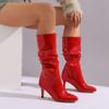 Women Red Glossy Patent Leather Boots Winter Trendy Pleated Boots Woman Pointy Toe Kitten Heels Shoes