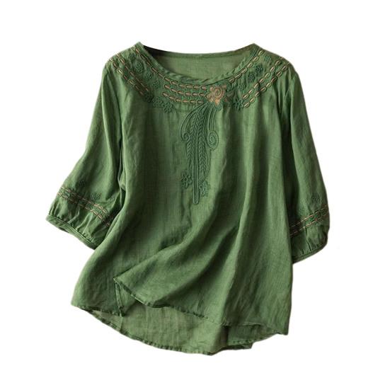 Women's Cotton Linen Embroidery Shirts Hollow Out Shirt with Half Sleeves Vintage Casual Summer Blouse for