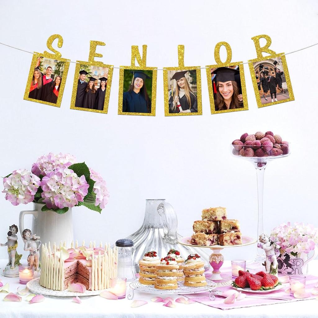 Senior Photo Banner Congrats Grad Paper Photo Frame High School College Graduation Bunting Decorations Congrats Senior Picture Banner Gold Glitter