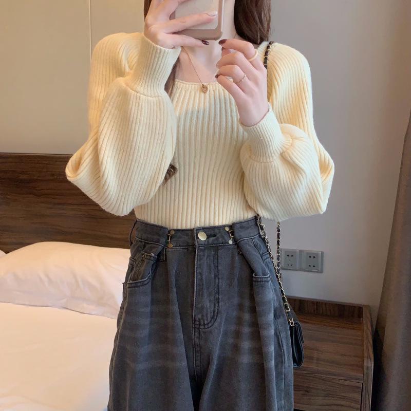 Высококачественный свитер с пышными рукавами и квадратным вырезом - Осенне-зимний приталенный универсальный топ