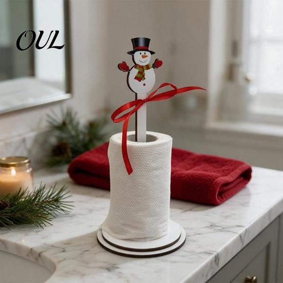 Stable Roll Storage Stand Christmas Wooden Paper Towel Holder, 2D Dispenser with Snowman Countertop Organizer Santa Patterns, Decorative Tissue