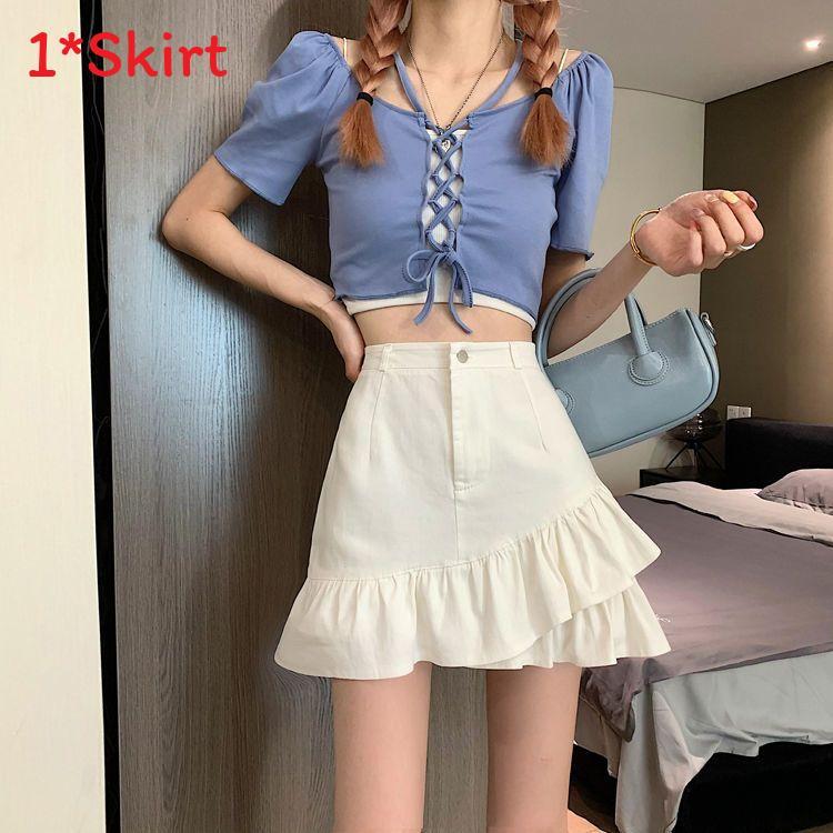 No Pattern Denim Mini Skirt With Ruffled Hem For Casual And Party Outfit