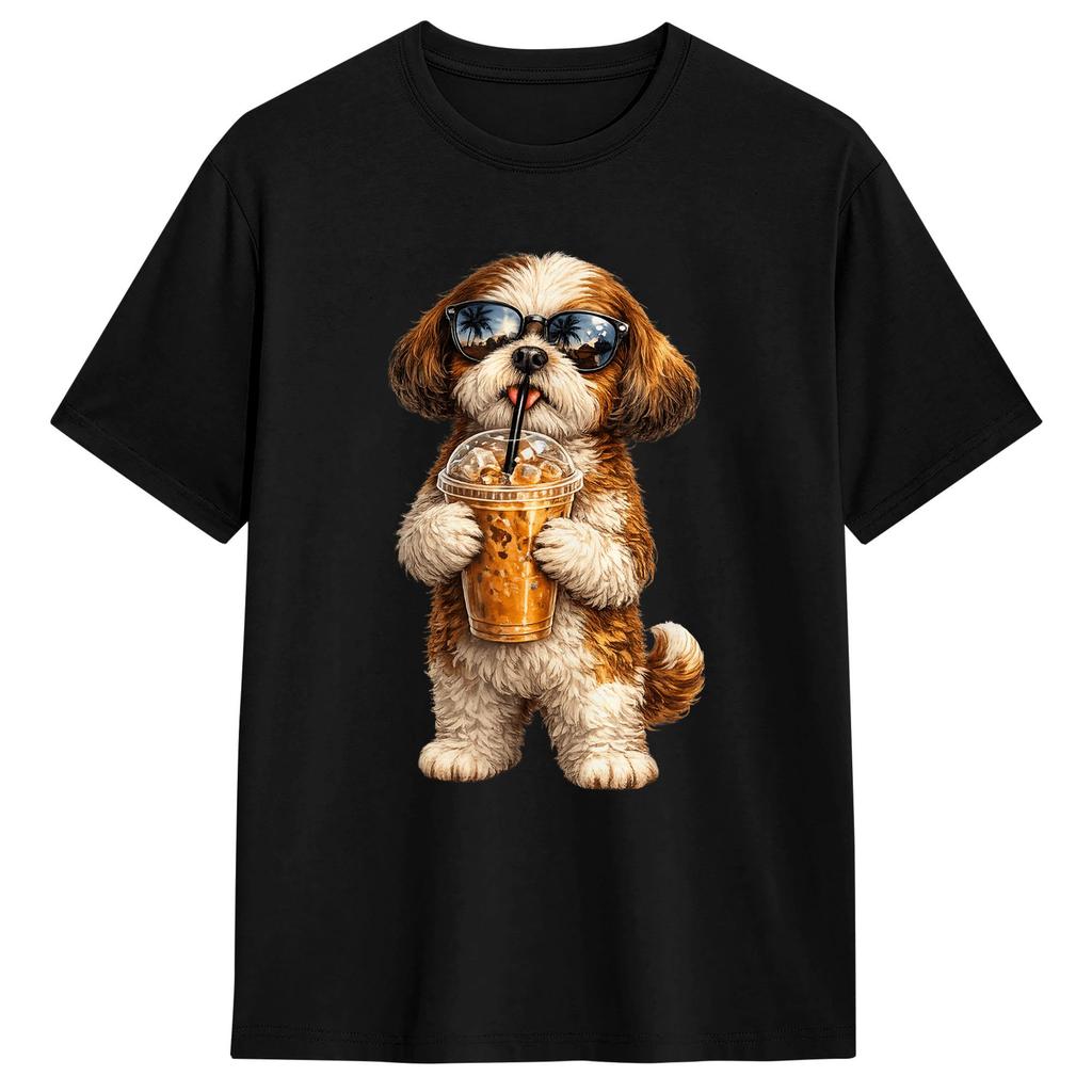 Funny Shih Tzu Drinking Iced Coffee Tshirt Summer Cotton Tshirts For Unisex Design Tshirt Short Sleeve Y2k Casual Clothing