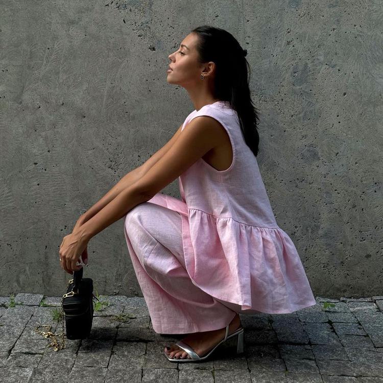 2025 Women's Solid Color Cotton V-neck Sleeveless Top & Long Pants Two-Piece Set – European and American Style