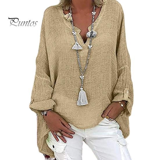 Женская рубашка с V-образным вырезом, длинным рукавом, средней длины, повседневные топы, однотонная свободная футболка из хлопка и льна, повседневная одежда