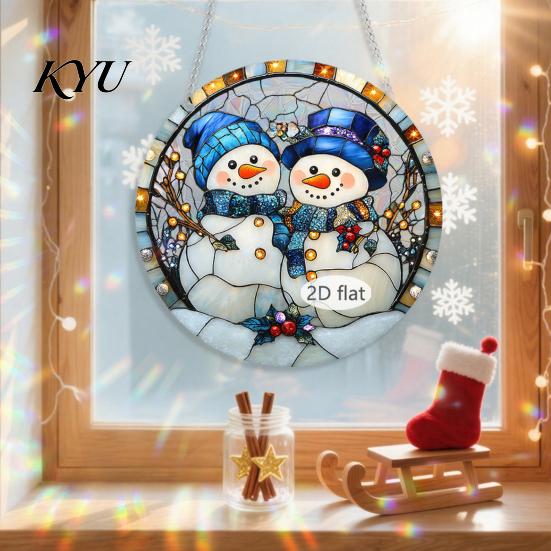 Transparent Christmas Tree Ornaments 2D Acrylic Hanging Ornaments, Stained Glass Style Snowman Santa Snowflake Indoor Party Supplies Window
