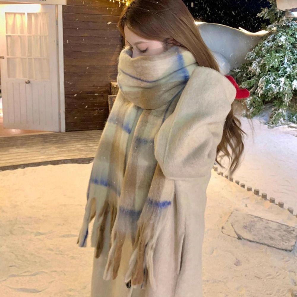 Checkered Winter Cashmere Scarves Korean Style Women Shawl Casual Wool Tassel Scarf  Autumn