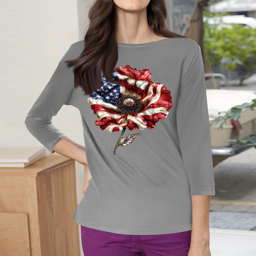3/4 Sleeve Tops For Women T-Shirt Casual Print Tops T Shirt Round Neck Pullover Blouse