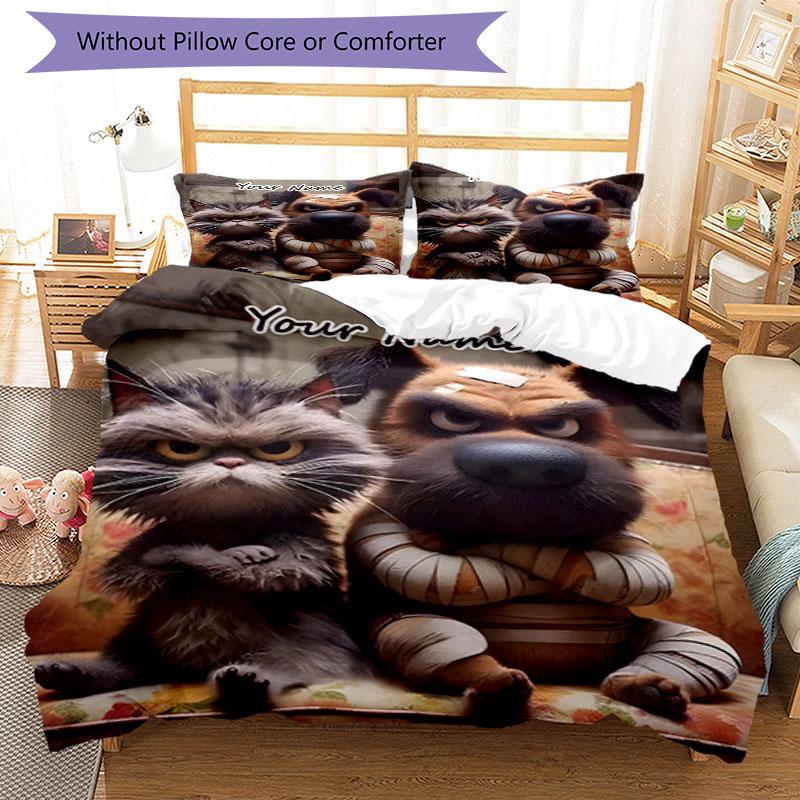 3PC Custom Name Angry Cat Dog Bedding Set Duvet Cover Closure Includes 1 Duvet Cover & 2 Pillowcases for Bedroom