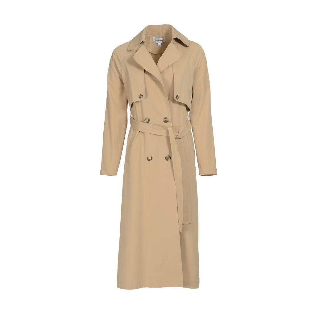 Двубортный тренч средней длины с рукавами реглан (120 см) Темно-бежевый 7558