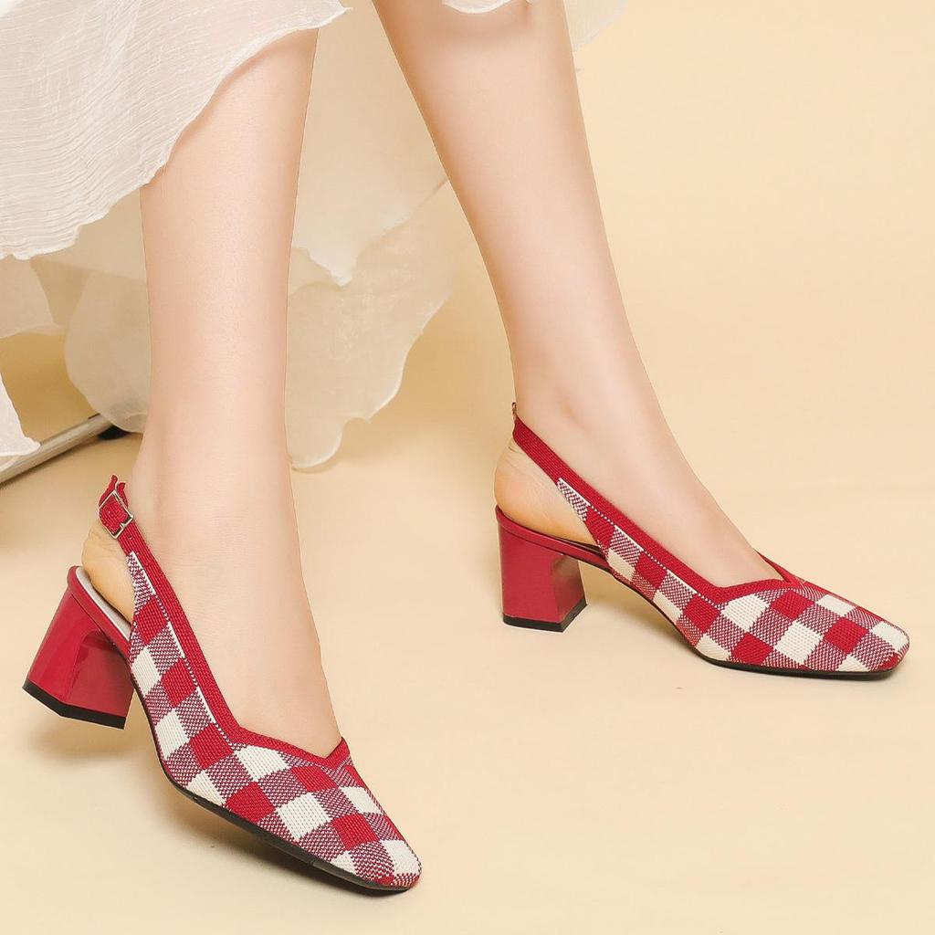 Женские босоножки Flyknit большого размера на толстом каблуке с квадратным носком, летние повседневные босоножки с грубым каблуком, вязаные в сетку, размеры 34-43