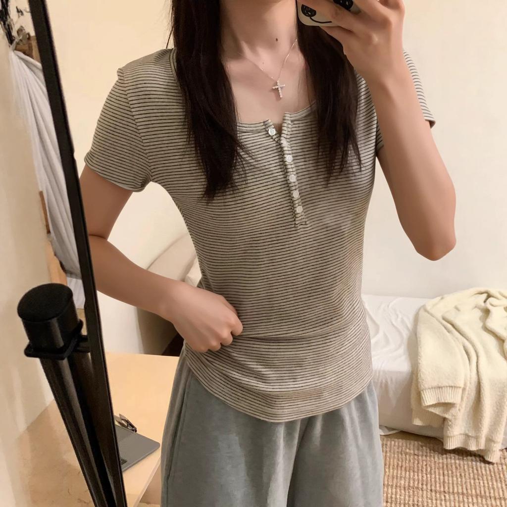 American retro striped Henry collar button short-sleeved T-shirt women's summer new slim-fit pure desire versatile top
