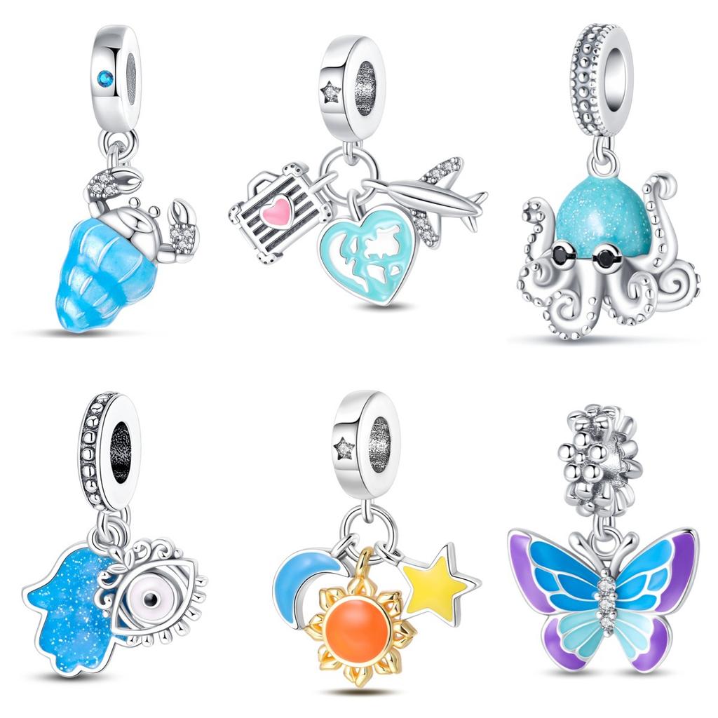 S925 Silver DIY Glow In The Dark Pendant Charms Colorful Butterfly Crab Octopus Jewelry Accessories