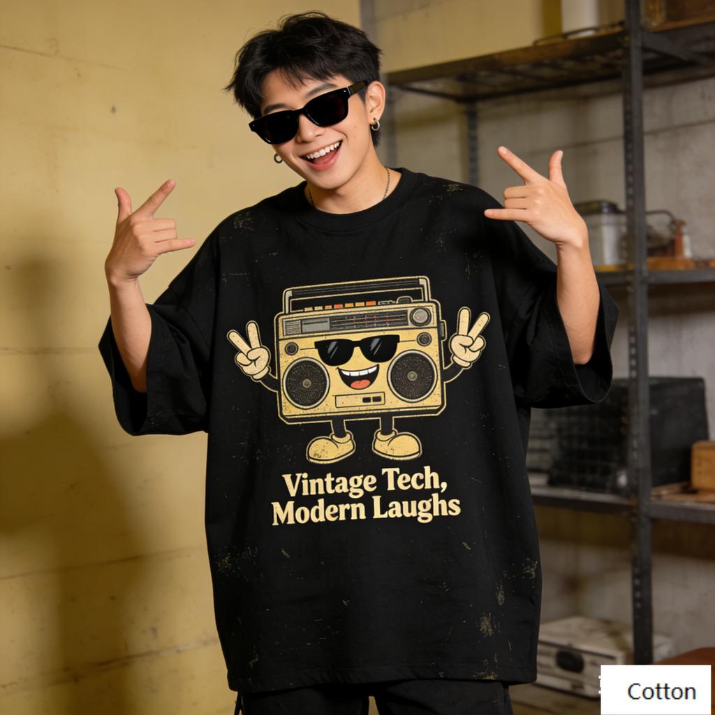 Oversized Black Cotton TShirt with Bold Retro Boombox Cartoon Graphic Unisex Streetwear Tee for Unisex and Women