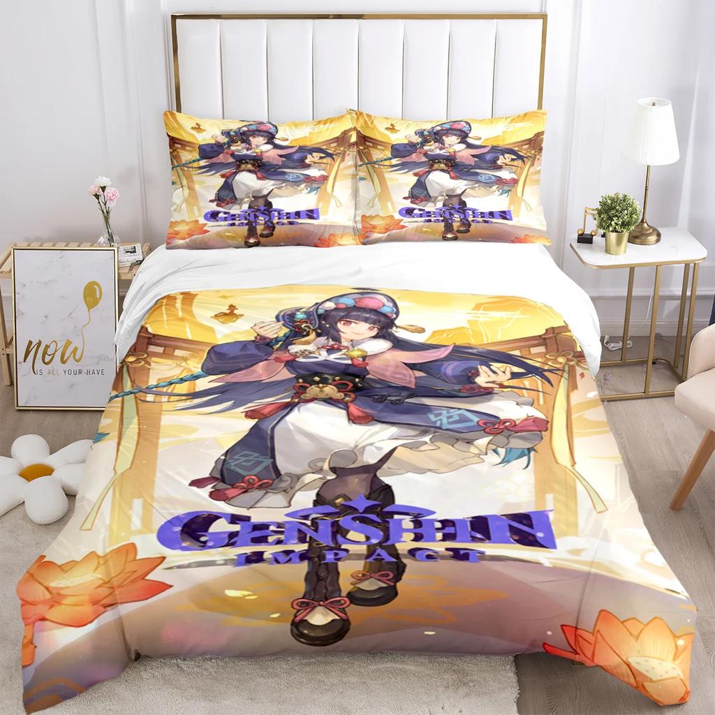 Genshin Impact Print Комплект постельного белья из трех предметов Модные изделия для детей и взрослых для кроватей Пододеяльники Наволочки Комплект постельного белья