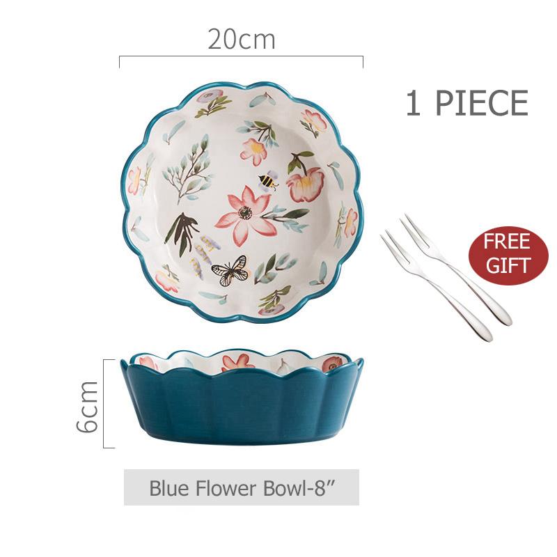 Керамическая красная миска с вишней, салатница, подставка для риса и пасты, миска-рамекин, синяя столовая посуда с цветочным узором, можно мыть в посудомоечной машине