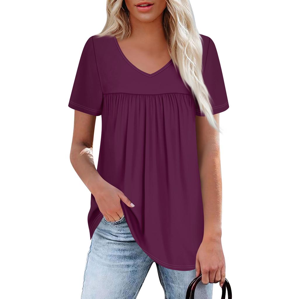 Women's Casual V-Neck Short Sleeve Chest Ruffle Solid Color Top