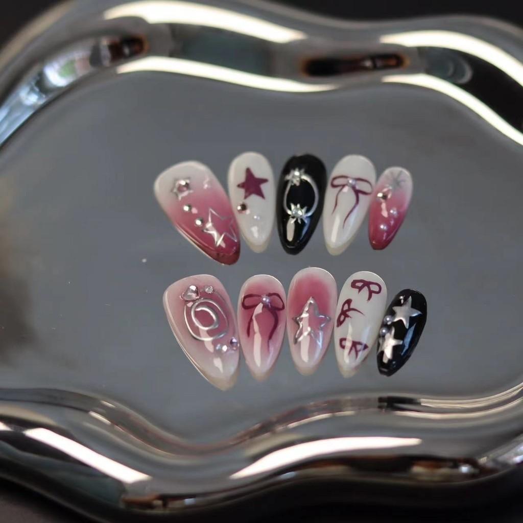 100% РУЧНАЯ РАБОТА в форме капли воды, румяна, персонализированные, расписанные вручную звезды, черные, розовые, y2k, накладные ногти, многоразовые и съемные
