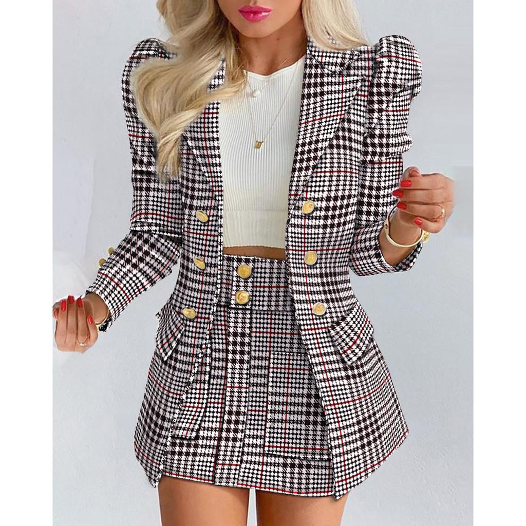 Fashion Versatile Matching Suit and Skirt Women's Casual Style Button Open Umbilical Short Multi Piece Suit