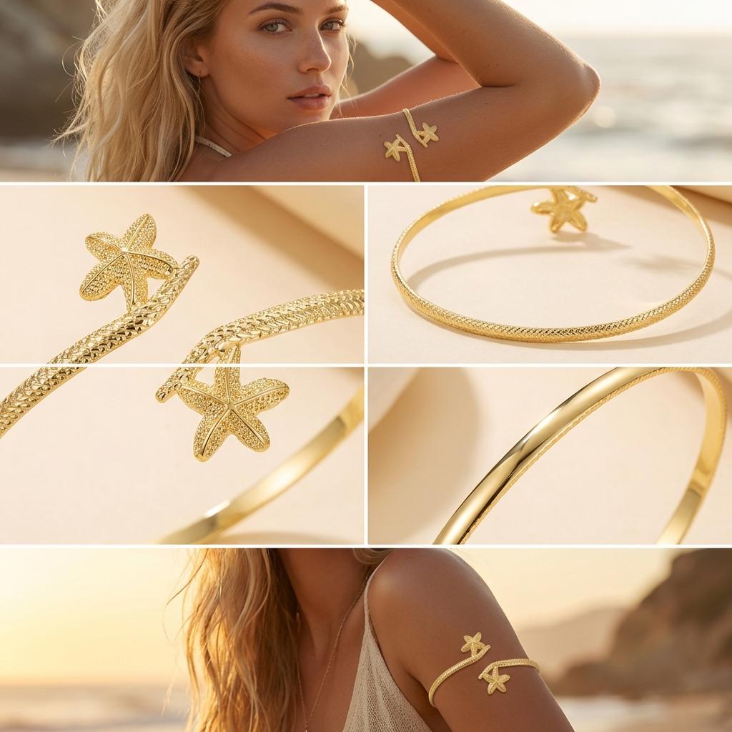 Textured Gold Color Starfish Upper Arm Cuff Bracelet for Women Vintage Punk Conch Crab Open Bracelet Summer Aesthetics Jewelry