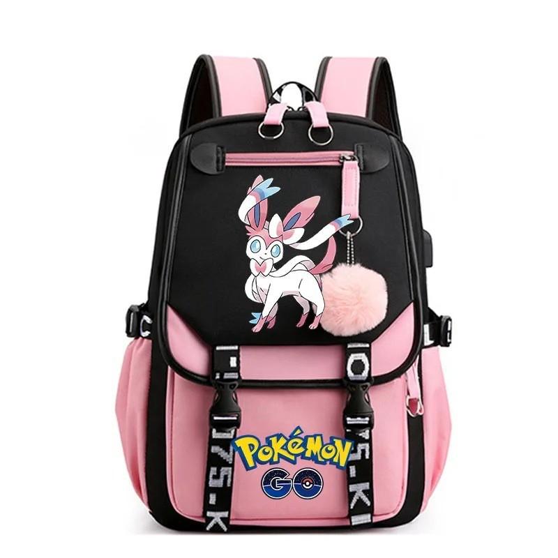Cute Pokemon Print School Backpack Teen Girls - Oxford Fabric Breathable Padded Straps Style