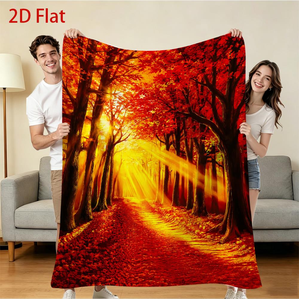 280gsm Autumn Forest Blanket, Vibrant Red Orange Maple Leaf Tree Path Print, Warm Soft Fleece Throw for Couch Bed Sofa Living Room Bedroom Decor, Cozy