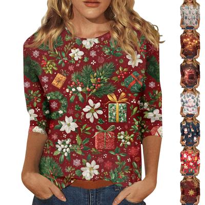 Женские топы Рубашка с рукавом три четверти V-образный вырез Свободная повседневная рубашка Футболка с принтом