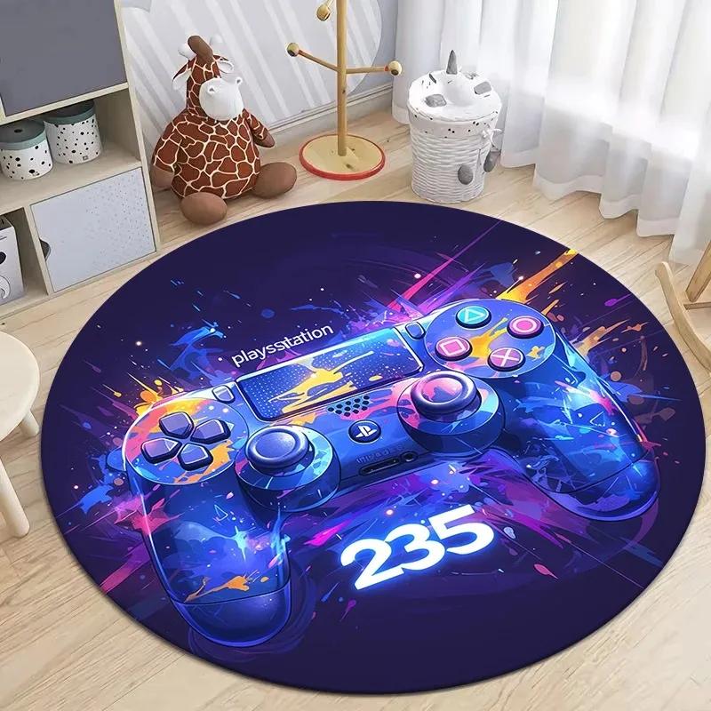 Game Controller Round Area Rug Cartoon Gamer Carpet Rug for Living Room Children's Bedroom Sofa Decor Non-slip Floor Mat