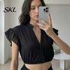 V Neck Flying Sleeve Blouse Women Traditional German Dirndl Blouse, V-Neck Cropped Shirt, Bavarian Oktoberfest Folk Costume Crop Top Shirt