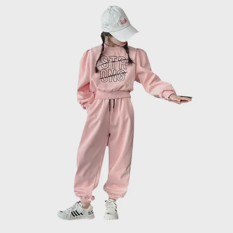 2024 Корейский стиль Комплект из спортивной толстовки и спортивных штанов для девочек - Осень/Весна, комплект из двух предметов для больших детей