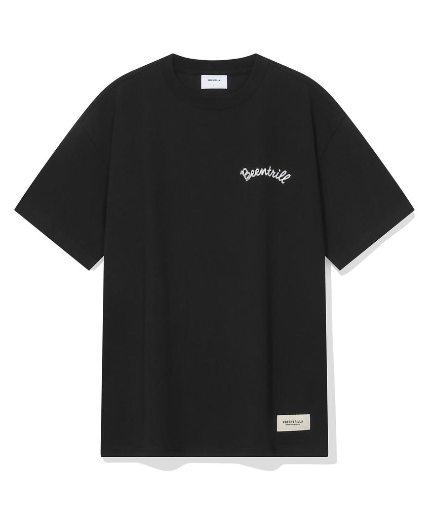 BEENTRILL Курсивный Логотип Спина Типографика Оверсайз Футболка с Коротким Рукавом (черный)