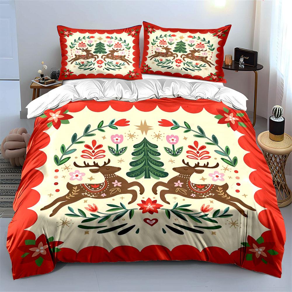 Reindeer and Floral Christmas Design Bedding Duvet Cover Set Duvet Cover Pillowcases (1*Duvet Cover 2*Pillowcases, without duvet insert)